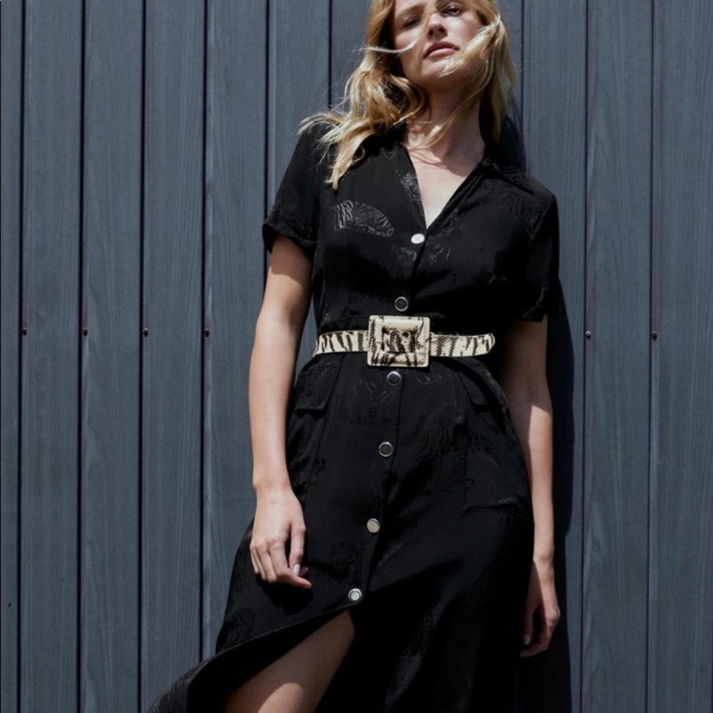 Zara Lapel Collar Midi Dress Tiger Print Black M